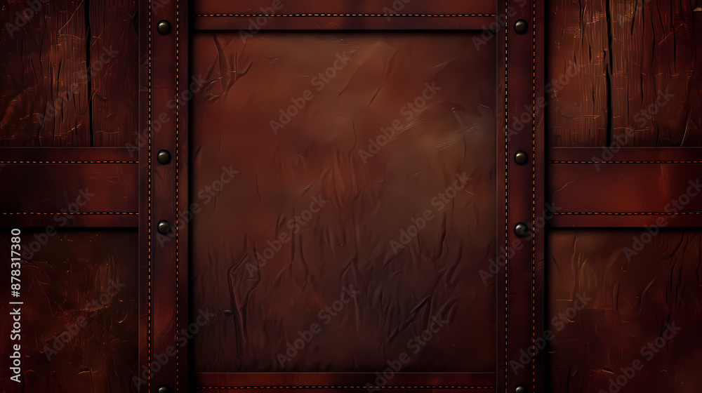 Rich dark wood texture background with metal rivets and leather accents ...
