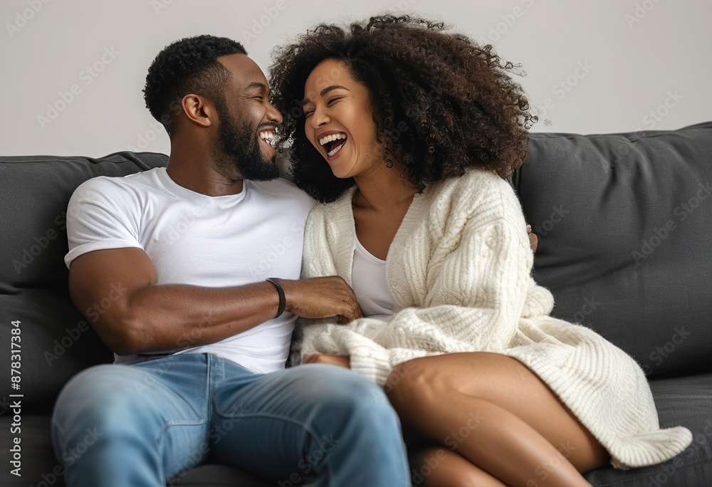 Interracial Couple Laughing on Sofa at Home for Relaxation and Bonding Interracial Couple Laughing on Sofa at Home for Relaxation and Bonding