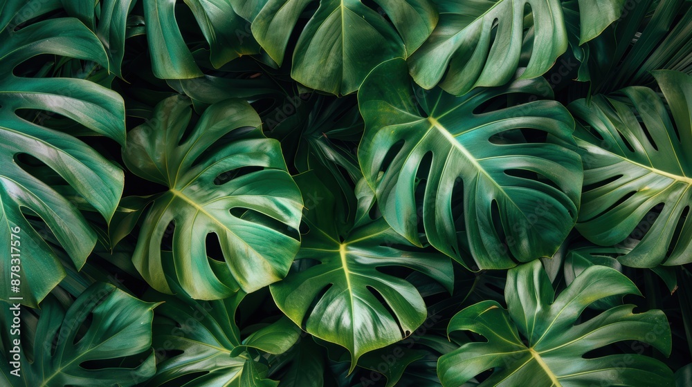 Close-up of lush green monstera leaves, creating a dense and vibrant foliage background, perfect for nature and tropical themes. Close-up of lush green monstera leaves, creating a dense and vibrant foliage background, perfect for nature and tropical themes.