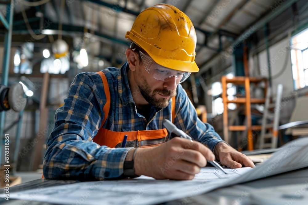 Focused Construction Worker Reviewing Blueprints in Industrial Setting Focused Construction Worker Reviewing Blueprints in Industrial Setting