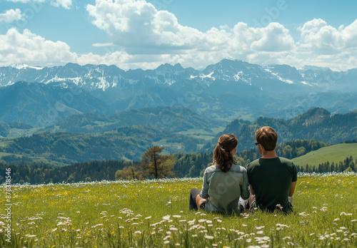 Young couple in love doing picnic, alps dolomities, and looking at the beautiful scenic green meadow landscape photo