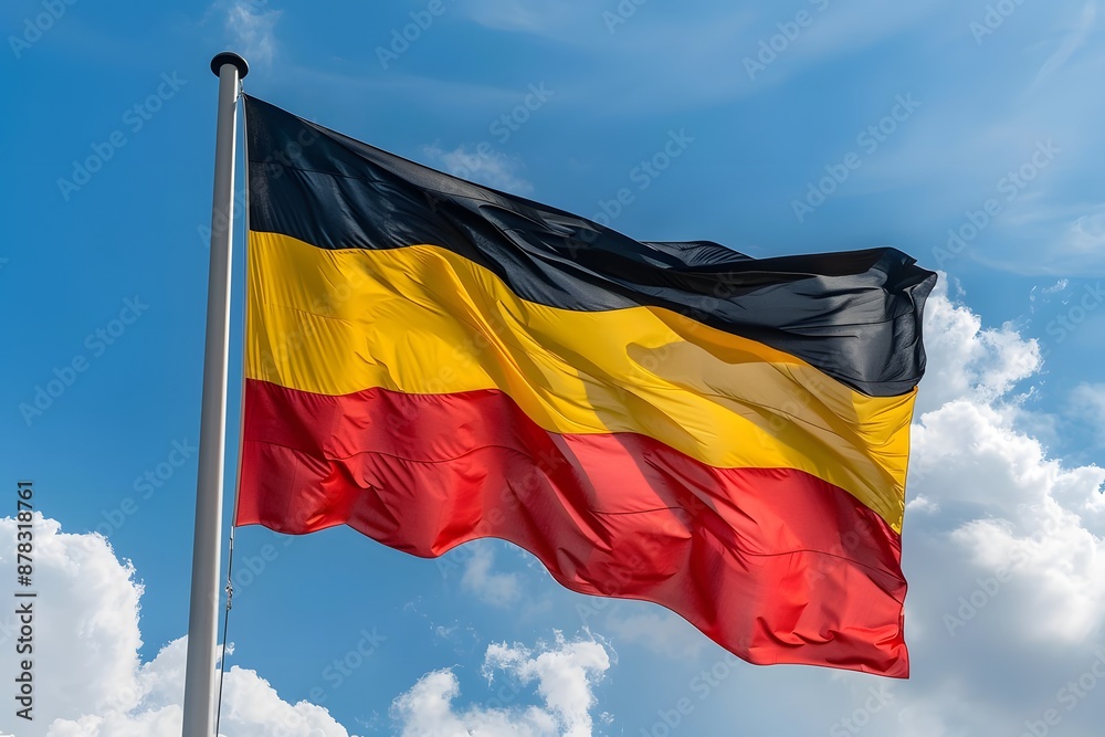 Belgian Flag Waving Against a Blue Sky with Clouds Belgian Flag Waving Against a Blue Sky with Clouds