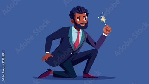 A Black man with a full afro beard in his 20s, dressed in a stylish suit and tie, kneeling on one knee with a determined expression.
