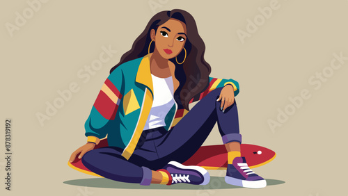 A Latina teenager with long, dark brown hair in braids, wearing a colorful bomber jacket and ripped jeans, sitting cross-legged
