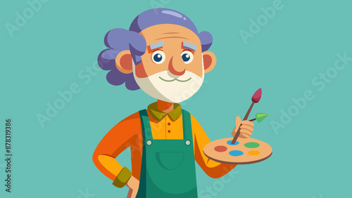 A European man with a receding hairline in his 60s, dressed in a painter's overalls, holding a paintbrush in one hand and a palette in the other, standing with a proud smile.
