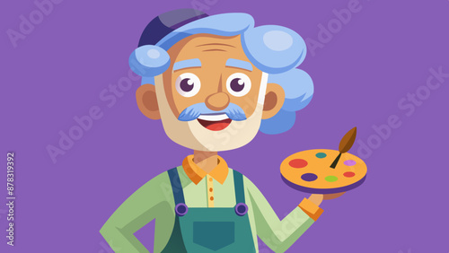 A European man with a receding hairline in his 60s, dressed in a painter's overalls, holding a paintbrush in one hand and a palette in the other, standing with a proud smile.
