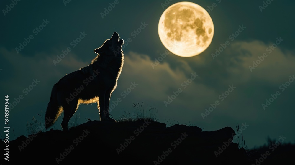 Wolf Howling Silhouette Against Full Moon on a Serene Night Wolf Howling Silhouette Against Full Moon on a Serene Night