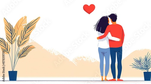 Couple hugging and looking at heart, romantic illustration