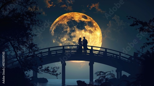 Romantic Silhouette of Lovers Embracing on Bridge Under Full Moonlight photo