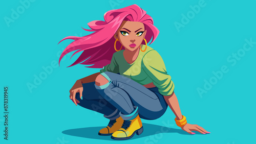 A woman with bright pink hair styled in a mohawk, sporting a leather jacket and ripped jeans, kneeling on one knee with a fierce expression.