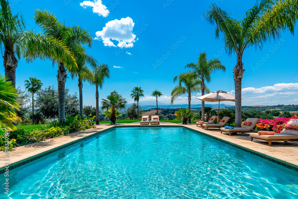 swimming pool outside with blue water and palm trees near swimming pool outside with blue water and palm trees near