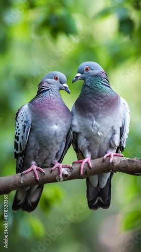 Two pigeons perched on a branch, illustrating a strong relationship and lifelong companionship