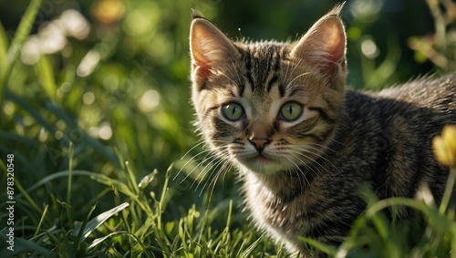 Medium shot portrait photography of a smiling egyptian mau cat exploring against an indoor plant. With generative AI technology 