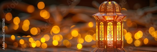 Ornate Arabic lantern illuminates the night with flickering candlelight and shimmering golden bokeh.  © atipong