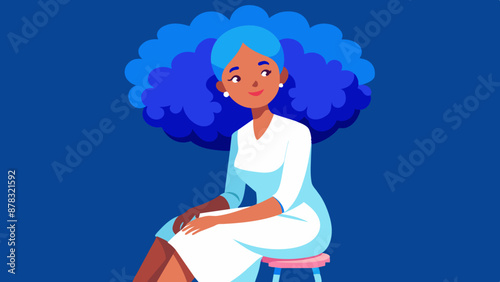 A woman with bright blue hair styled in an afro, wearing a flowy white dress, sitting on a stool with a gentle smile.

