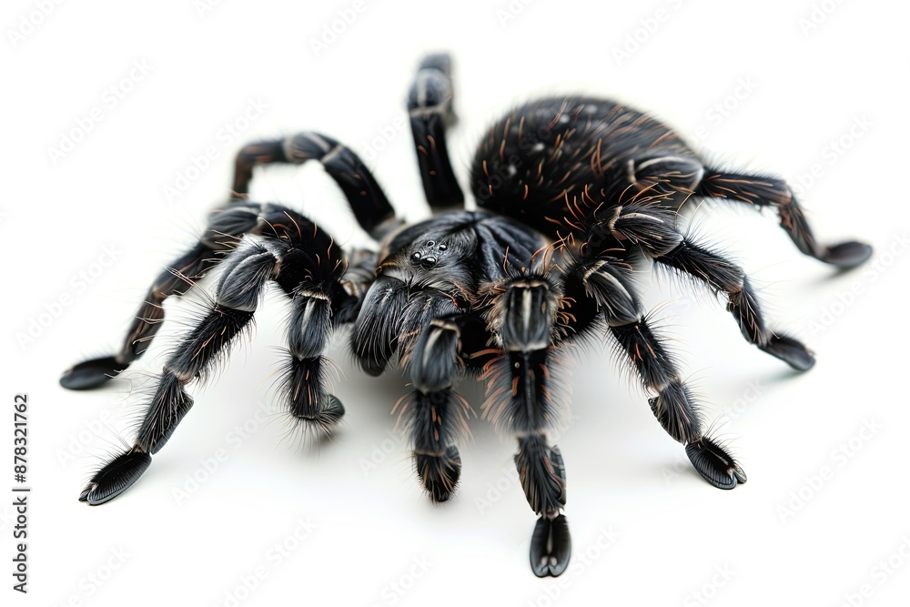 Closeup portrait of a large and hairy black tarantula with orange markings