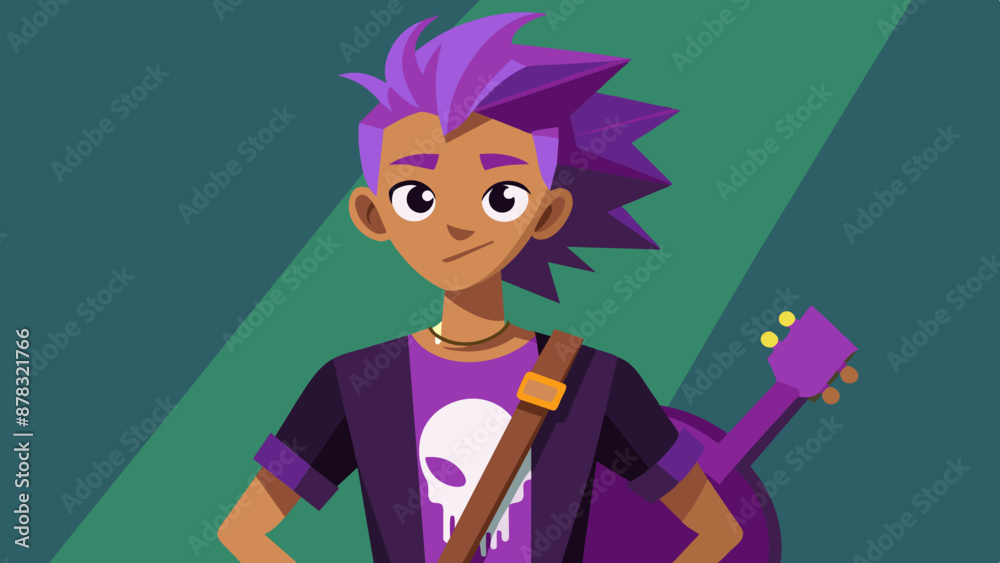A mixed-race teenager with dyed purple hair in a side shave, wearing a band t-shirt and ripped jeans, standing with a guitar case strapped to their back and a rockstar pose.
A mixed-race teenager with dyed purple hair in a side shave, wearing a band t-shirt and ripped jeans, standing with a guitar case strapped to their back and a rockstar pose.