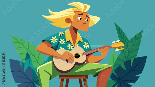 A Pacific Islander man with long, blonde hair styled , sporting a traditional Hawaiian shirt and holding a ukulele, sitting on a stool with a joyful expression.
