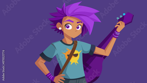 A mixed-race teenager with dyed purple hair in a side shave, wearing a band t-shirt and ripped jeans, standing with a guitar case strapped to their back and a rockstar pose.

