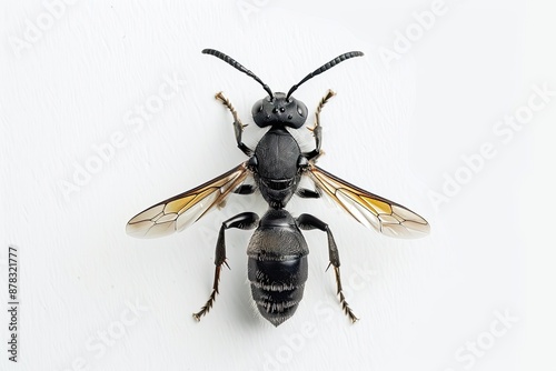 Closeup photograph of a black and yellow wasp with spread wings photo