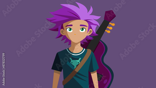 A mixed-race teenager with dyed purple hair in a side shave, wearing a band t-shirt and ripped jeans, standing with a guitar case strapped to their back and a rockstar pose.
