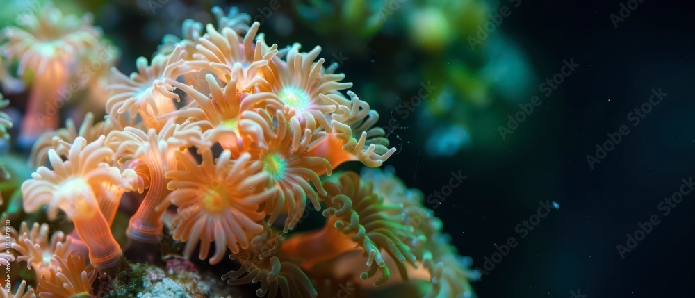 Close Up of Orange and White Coral Blooms in Deep Blue Water Close Up of Orange and White Coral Blooms in Deep Blue Water