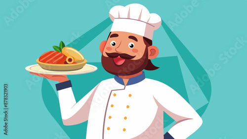 A Middle Eastern man with a heavyset figure, dressed in a chef's uniform, holding a plate of delicious food and smiling proudly.
