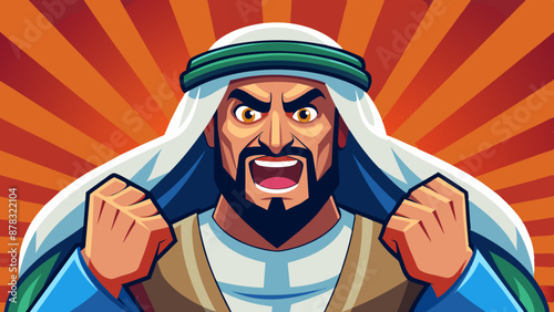 A Middle Eastern man with a look of determination, clenching his fists and staring ahead with focus.
