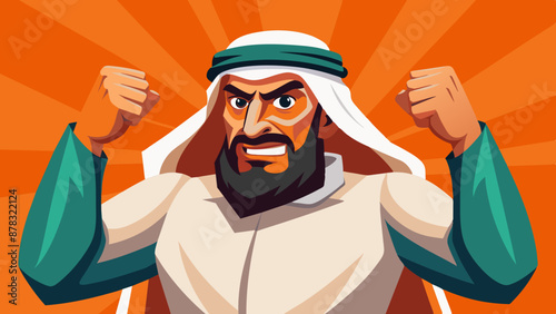 A Middle Eastern man with a look of determination, clenching his fists and staring ahead with focus.
