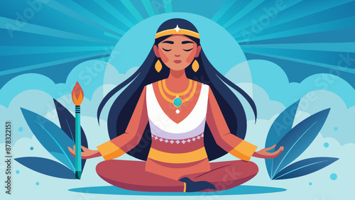 A Native American woman with a serene expression, meditating with her eyes closed and a faint smile.
