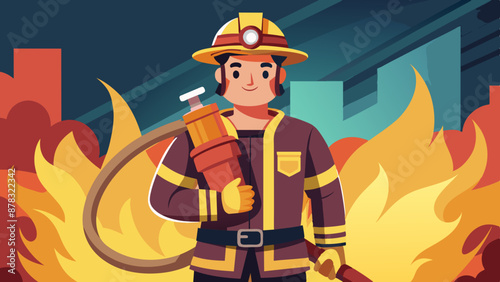 A man dressed as a firefighter, holding a fire hose and looking determined.
