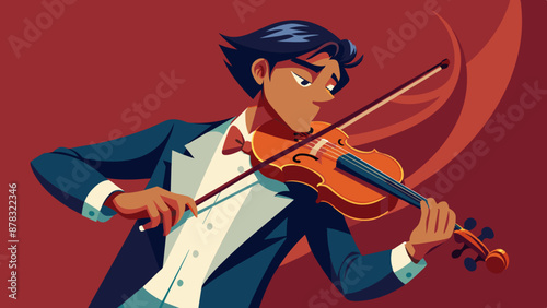 A handsome man dressed as a musician, playing the violin with passion.
