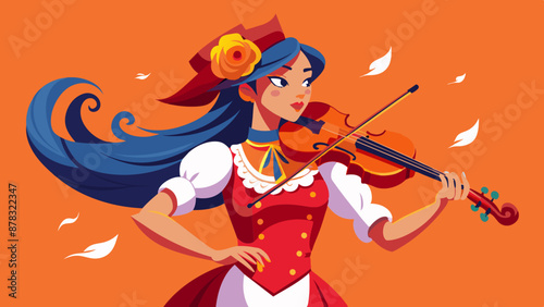 A Latina woman dressed as a musician, playing the violin with passion.
