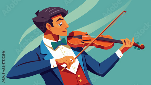 A handsome man dressed as a musician, playing the violin with passion.
