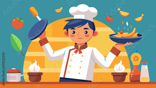 Asian man dressed as a chef, flipping a pan and creating a delicious meal.
