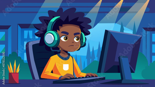A mixed-race teenager dressed as a gamer, sitting at a computer with a headset and a focused look.
