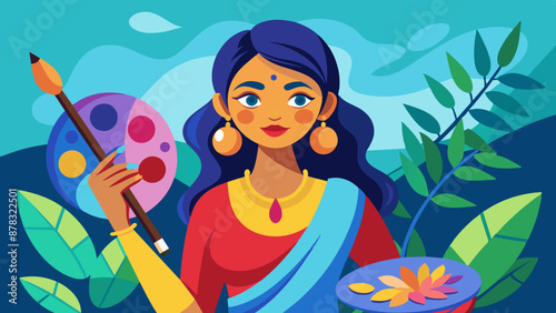 A indian woman holding a paintbrush and palette, lost in the creative flow of painting.
