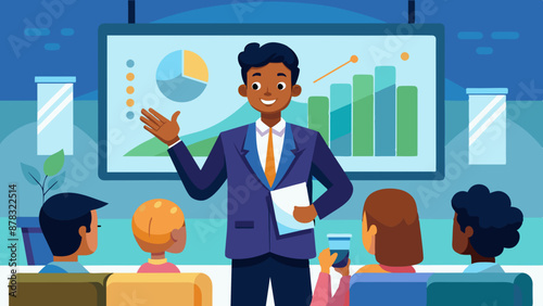 A Black man dressed in business attire, giving a powerful presentation with a projector screen in the background.
