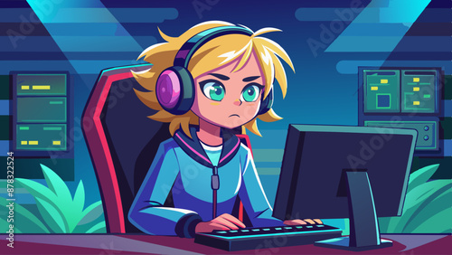 A mixed-race teenager dressed as a gamer, sitting at a computer with a headset and a focused look.
