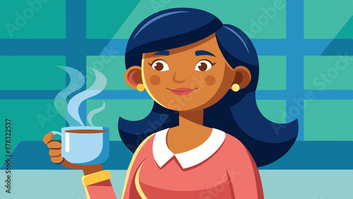 A Latina woman holding a steaming cup of coffee and smiling contentedly.
