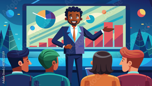 A Black man dressed in business attire, giving a powerful presentation with a projector screen in the background.
