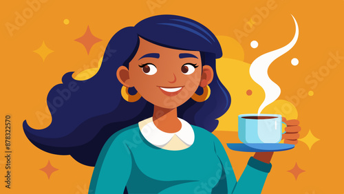 A Latina woman holding a steaming cup of coffee and smiling contentedly.
