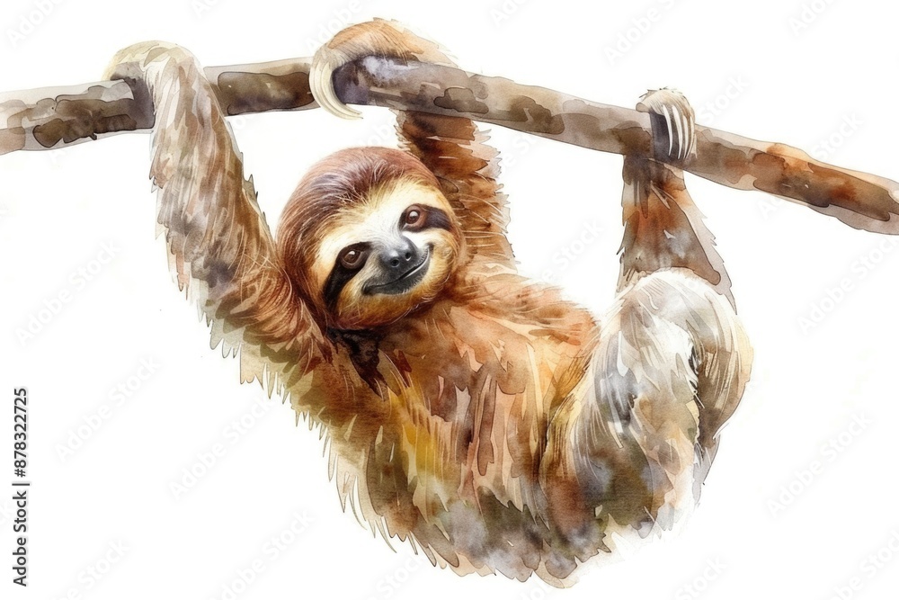 Sloth in Watercolor Style Hanging Isolated on White Background Sloth in Watercolor Style Hanging Isolated on White Background
