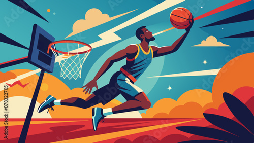 A Black man holding a basketball and dunking it through a hoop with power and grace.
