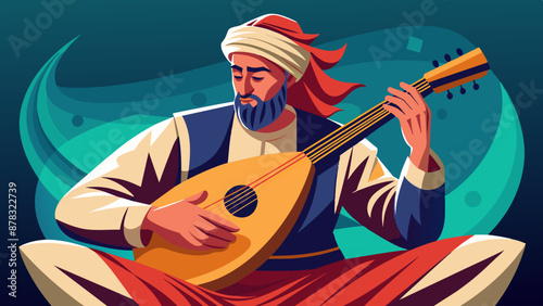 A Middle Eastern man playing the oud, a traditional string instrument, with a look of concentration.
