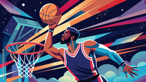 A Black man holding a basketball and dunking it through a hoop with power and grace.
