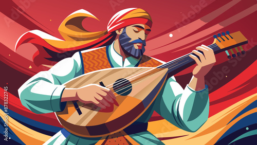 A Middle Eastern man playing the oud, a traditional string instrument, with a look of concentration.
