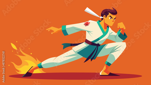 A  man practicing martial arts, performing a flying side kick with precision.
