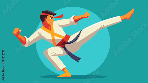 A  man practicing martial arts, performing a flying side kick with precision.
