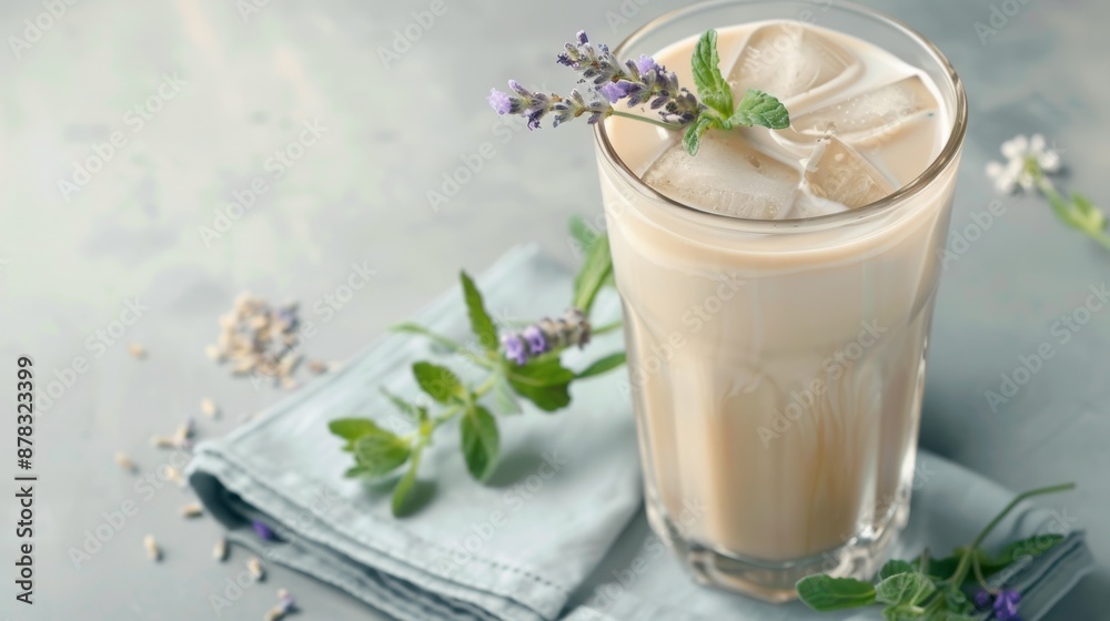 Refreshing Lavender Iced Latte on Textured Background Refreshing Lavender Iced Latte on Textured Background